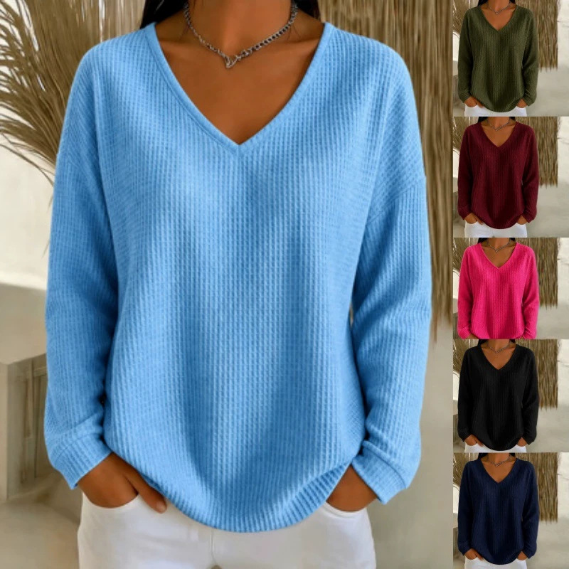 Women's Waffle Knit V-Neck Long Sleeve Loose Fit Solid Color T-Shirt