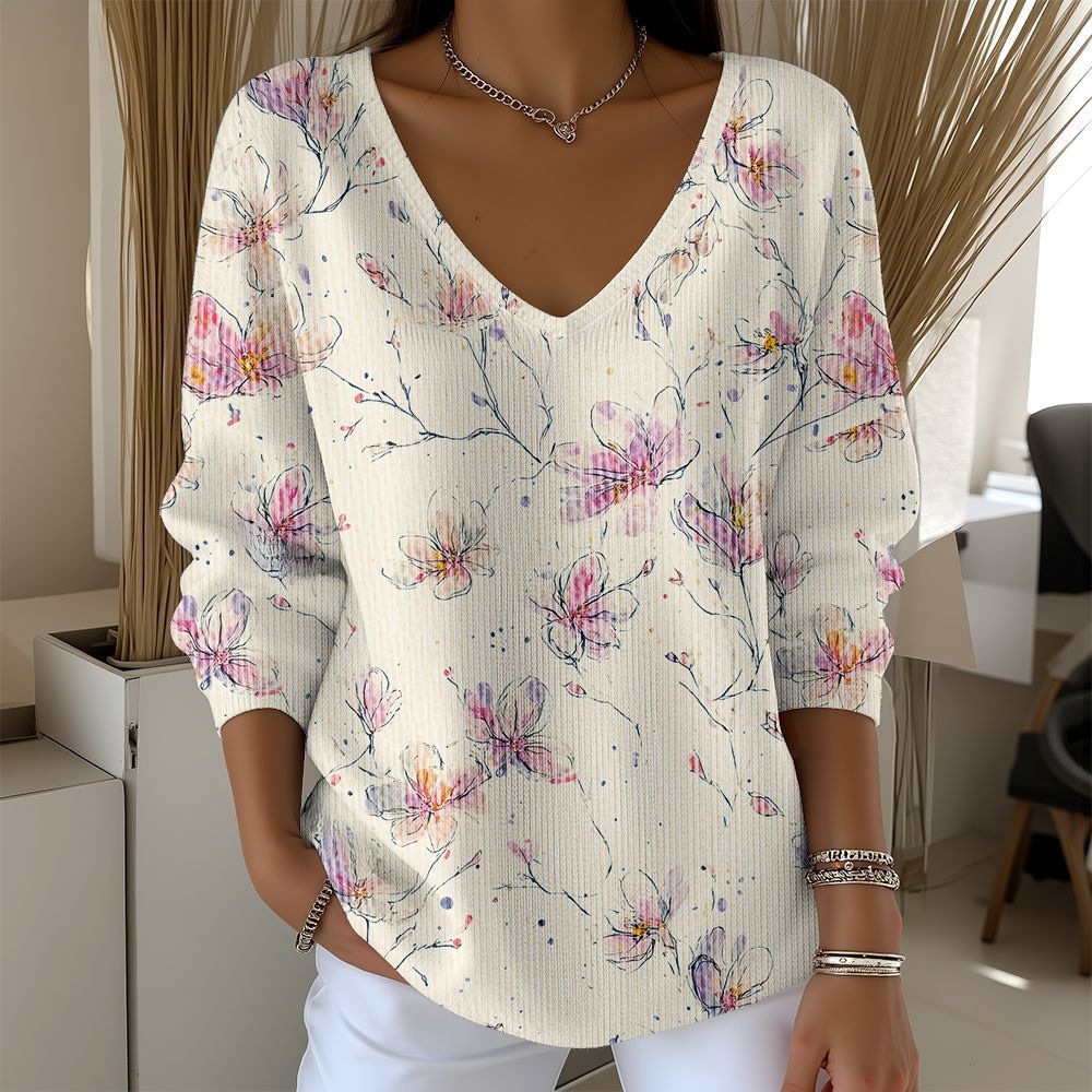 Women's V-Neck Long Sleeve T-Shirt with Animal & Plant Digital Print