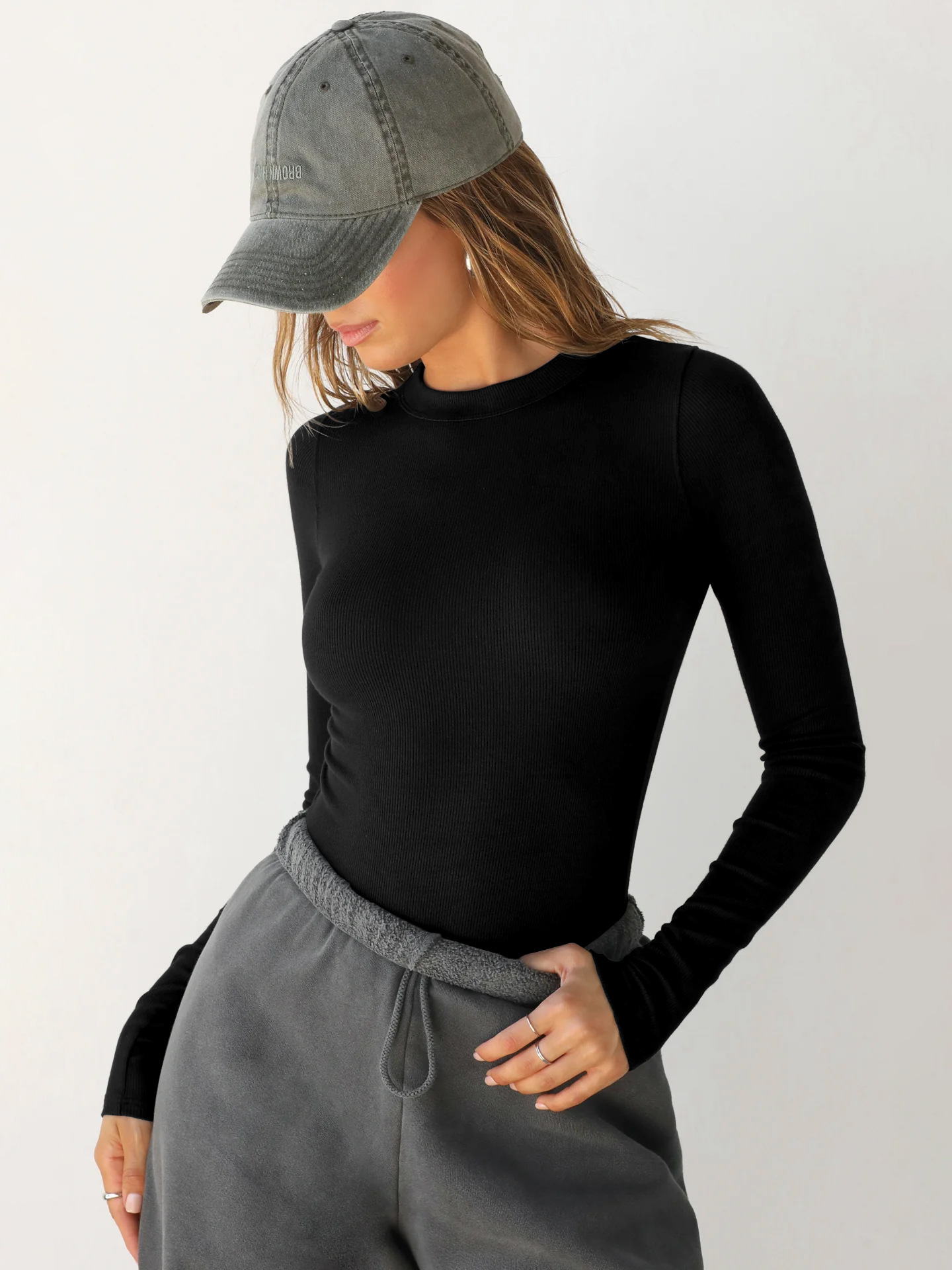 Y2K Ribbed Crewneck Long Sleeve Slim Fit T-Shirt