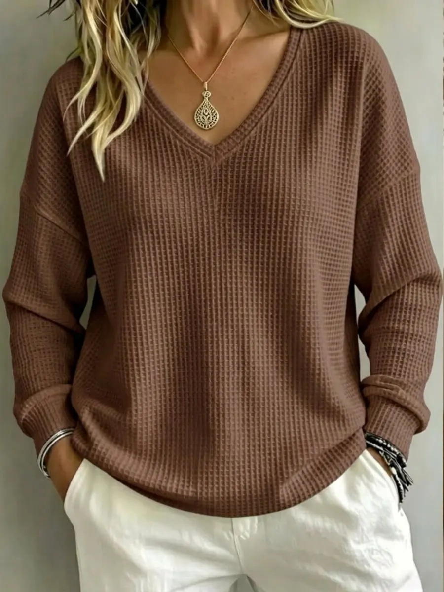 Women's Waffle Knit V-Neck Pullover Loose Casual Top