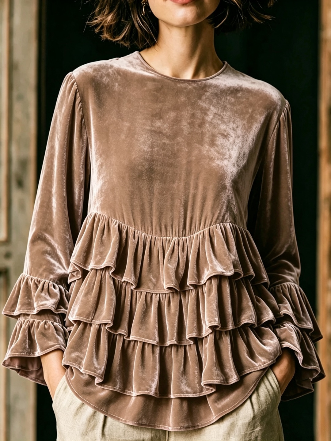 Women's Long Sleeve Ruffle Crewneck Solid Color Loose Casual T-Shirt