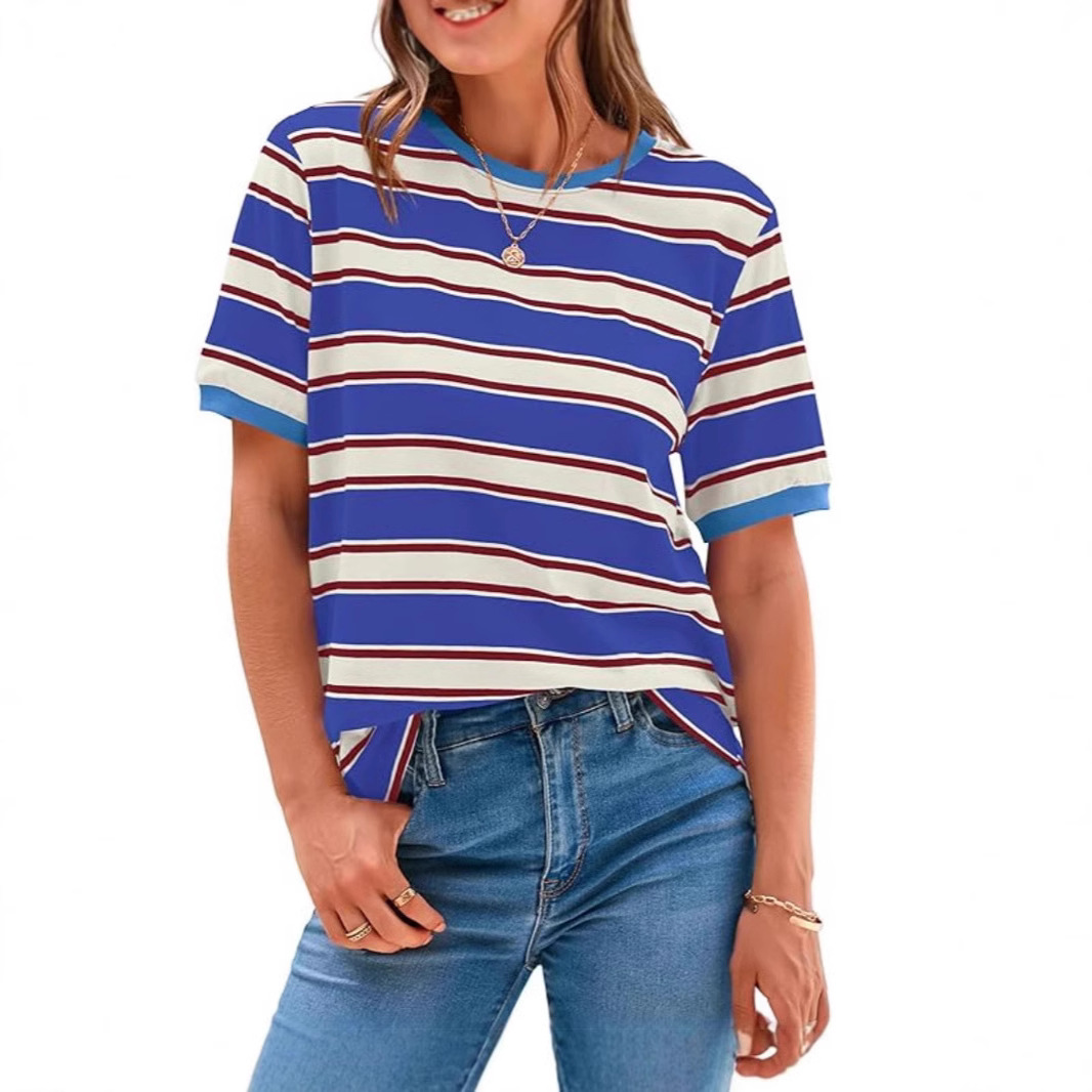 Color-Block Striped Crewneck Loose Casual T-Shirt