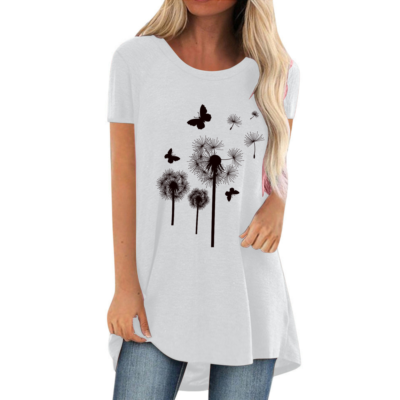 Dandelion Print Crewneck Short Sleeve Women's Top