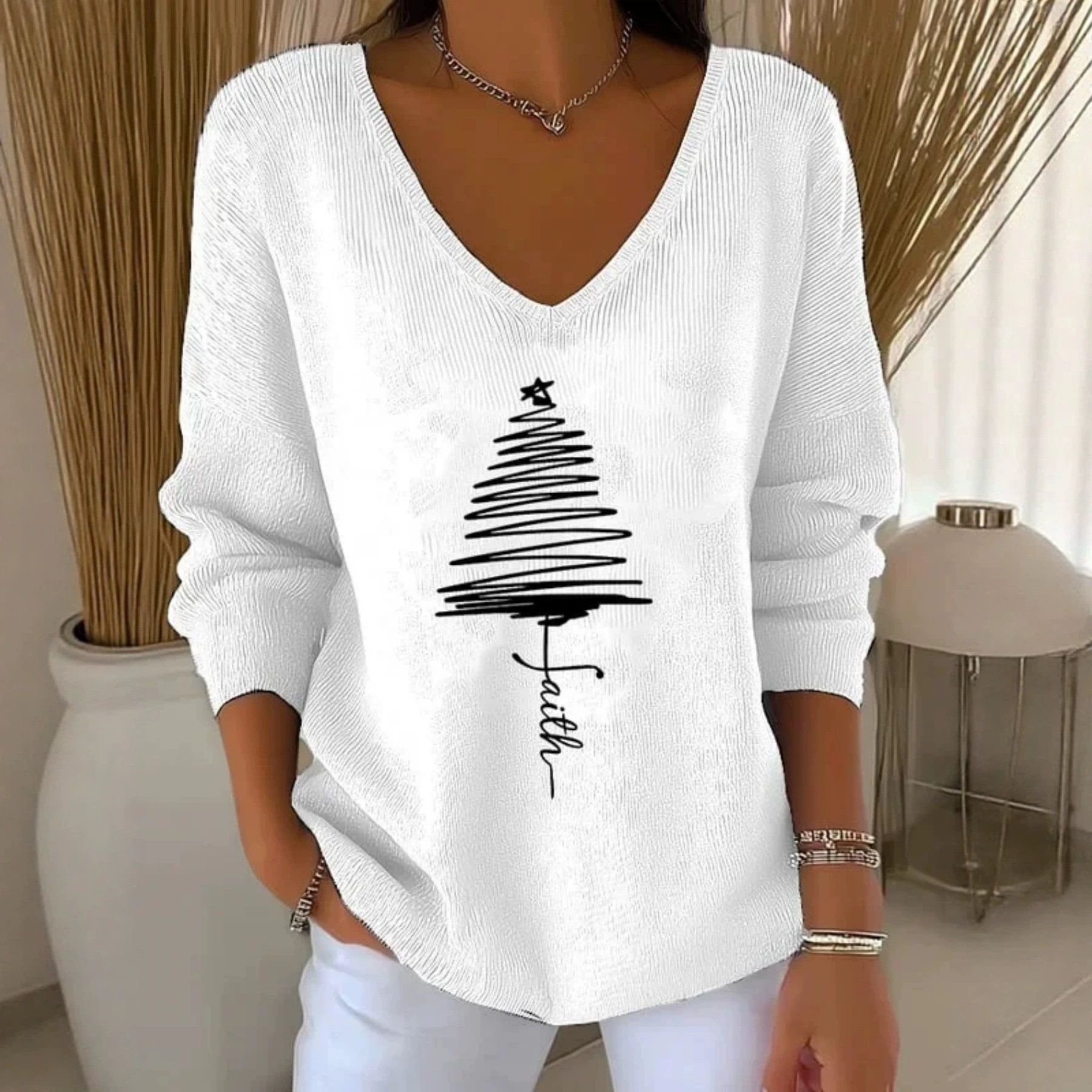 Christmas Tree Ribbon Print V-Neck Long-Sleeve T-Shirt