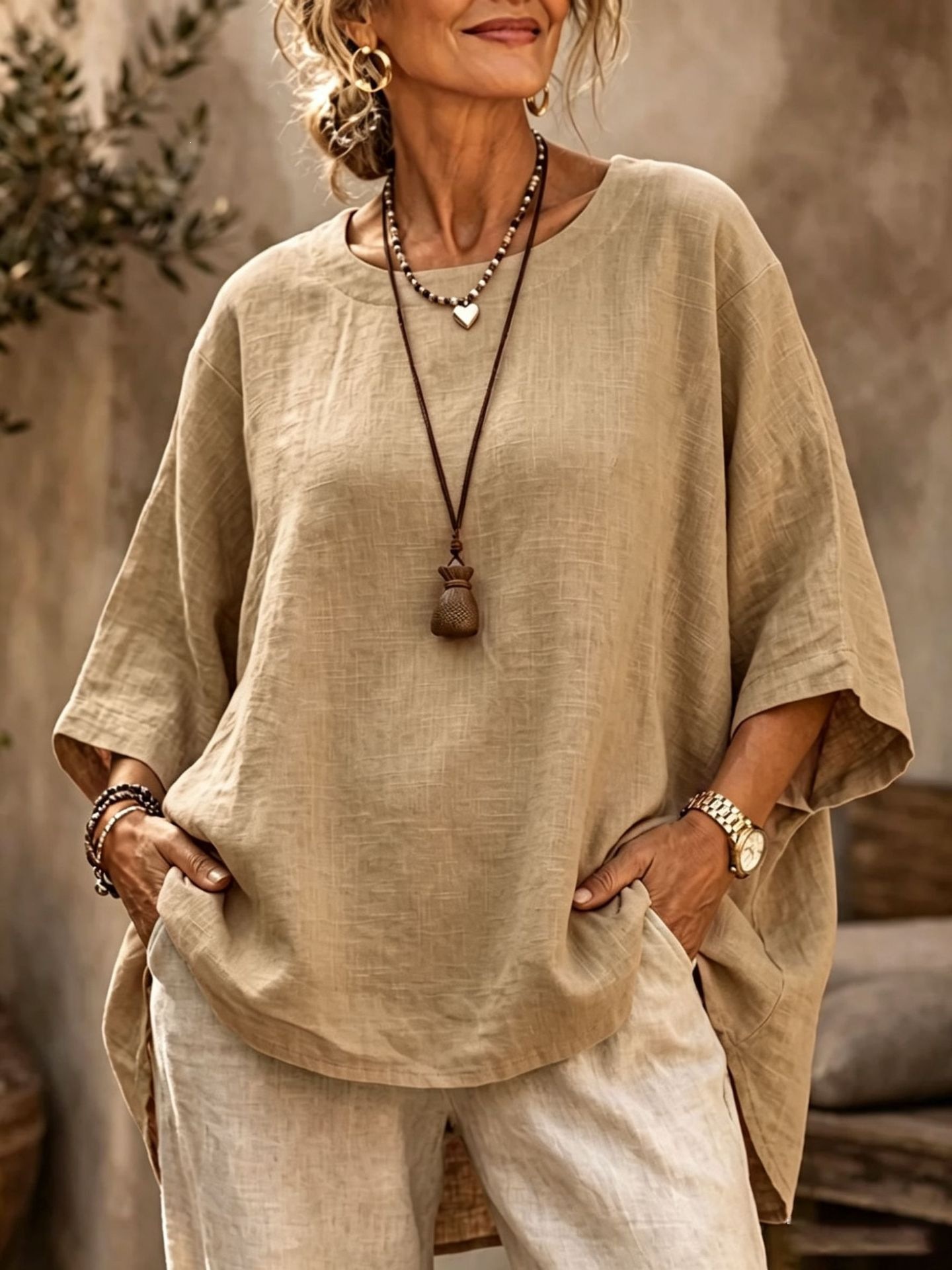 Women's Loose Round Neck Solid Cotton Linen 3/4 Sleeve Top