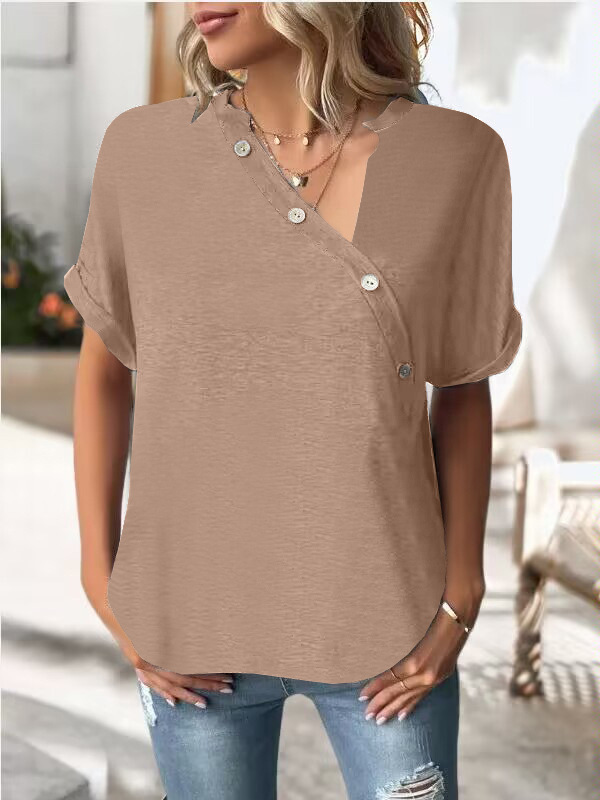 Women's Solid Twist Button Short Sleeve V-Neck Top