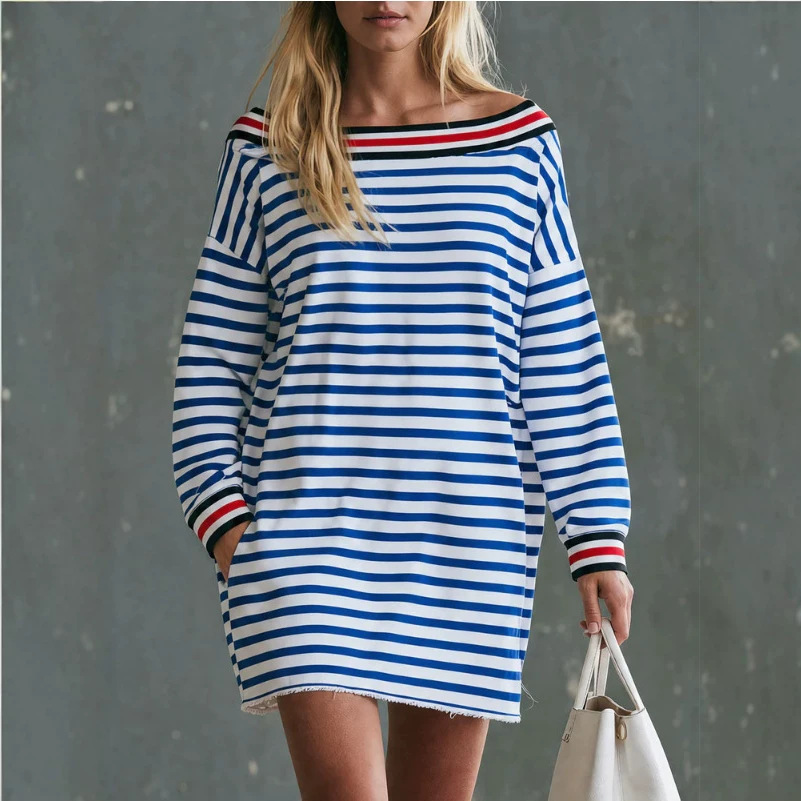 Retro Color-Block Striped Long-Sleeve Mini Dress