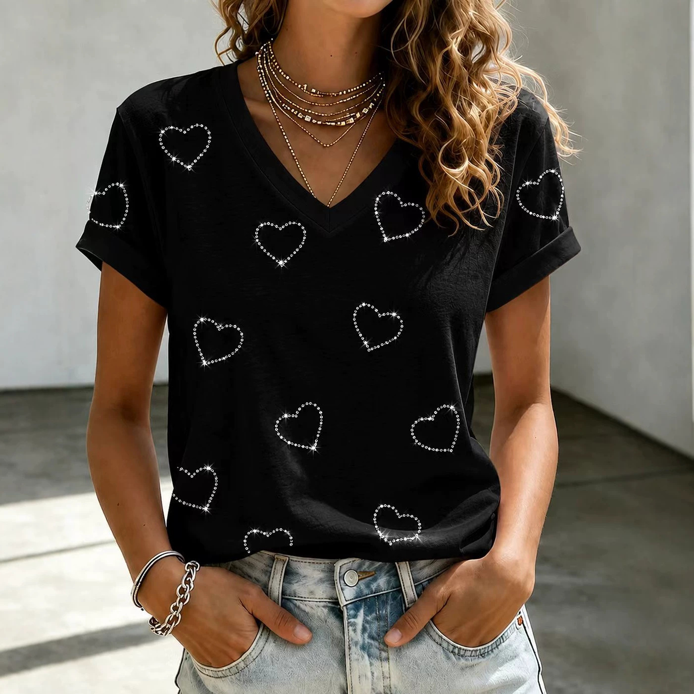 Heart Print Loose Fit Short Sleeve V-Neck Top