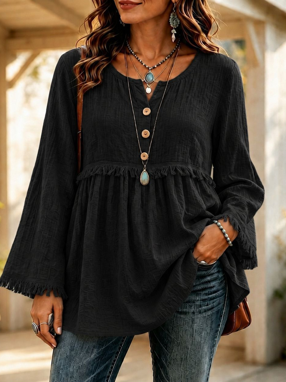 Women's Loose Fit Button Fringe Long Sleeve T-Shirt Solid Color Casual Top