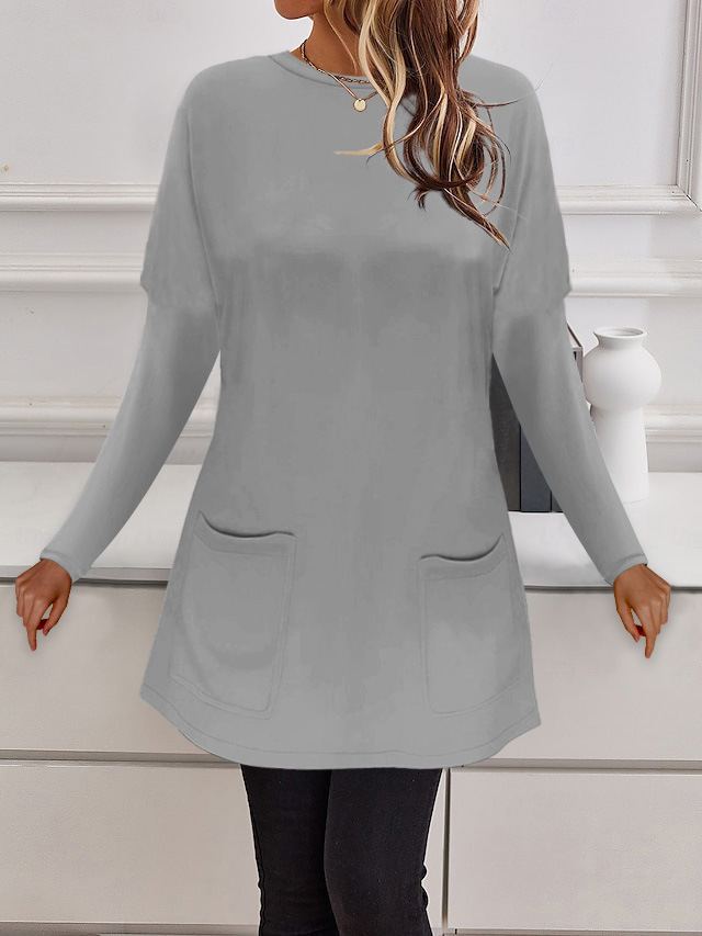 Women's Crewneck Long Sleeve Pocket Loose Casual Top T-Shirt