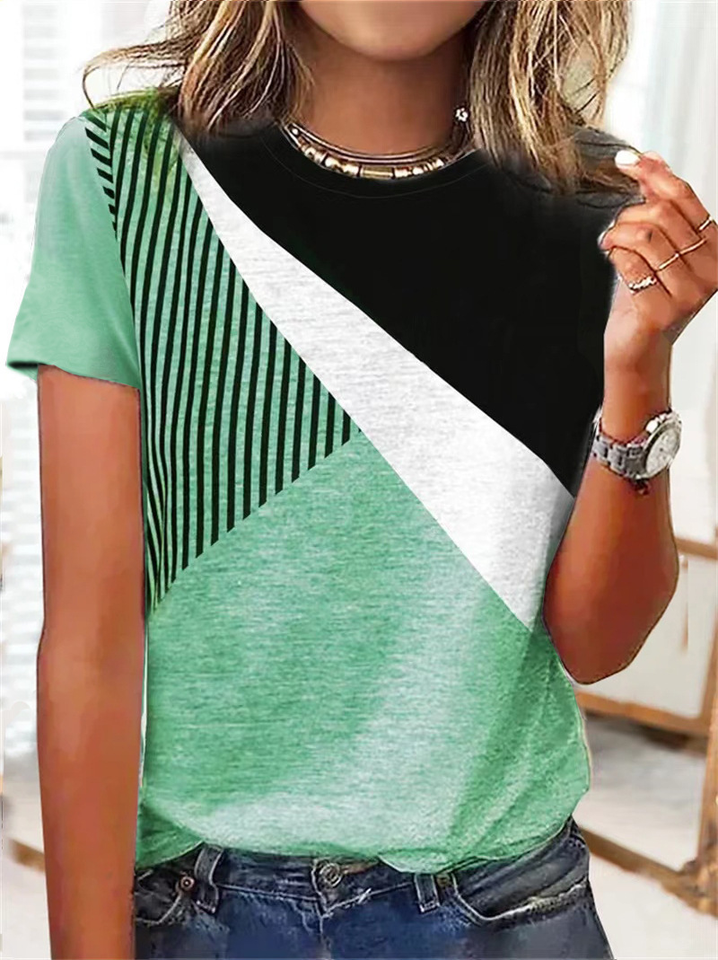 Women's Color-Block Striped Print Short-Sleeve Crewneck Casual T-Shirt