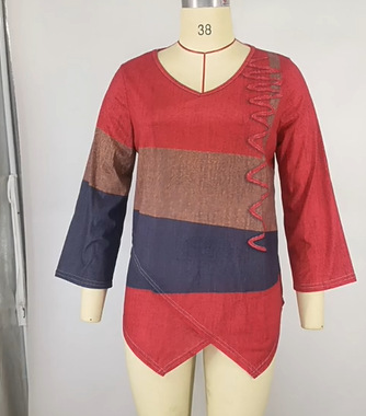 Women's Casual Loose V-Neck Asymmetrical Hem Art Print Long Sleeve Vintage Top