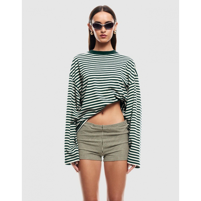 Korean Lazy Style Loose Crewneck Long Sleeve Striped T-Shirt
