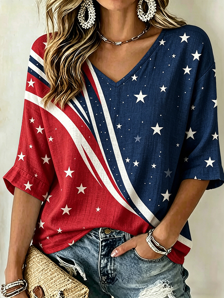 Star Striped Print V-Neck Half-Sleeve T-Shirt for Women