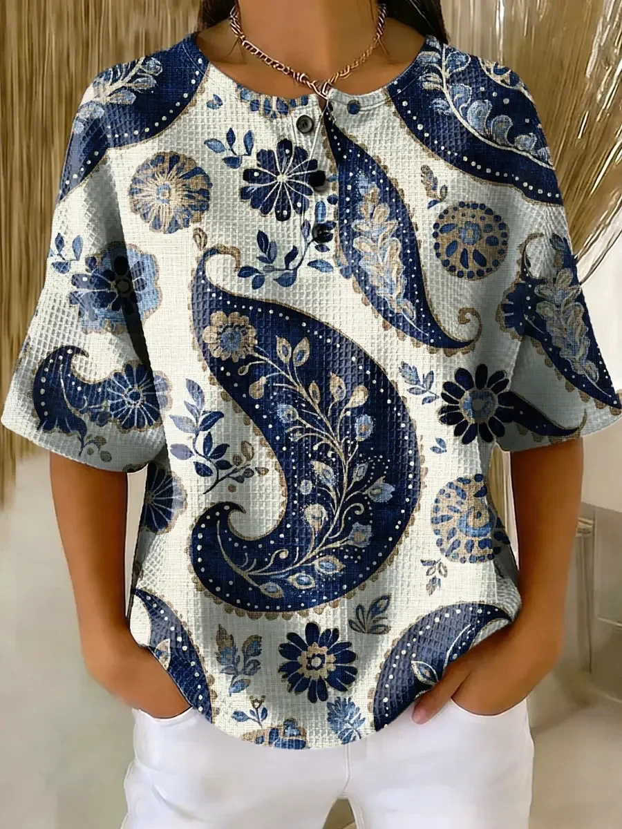 Floral Plaid Print Crewneck Short Sleeve Button Top