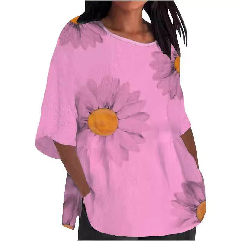 Chrysanthemum Print Round Neck 3/4 Sleeve T-Shirt for Women