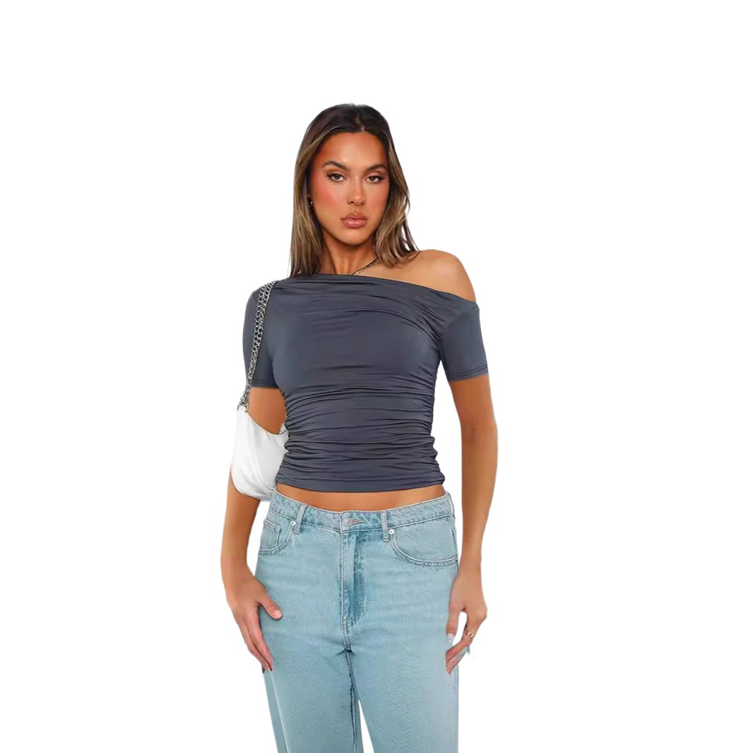 Women's One-Shoulder Ruched Short Sleeve Crop Top