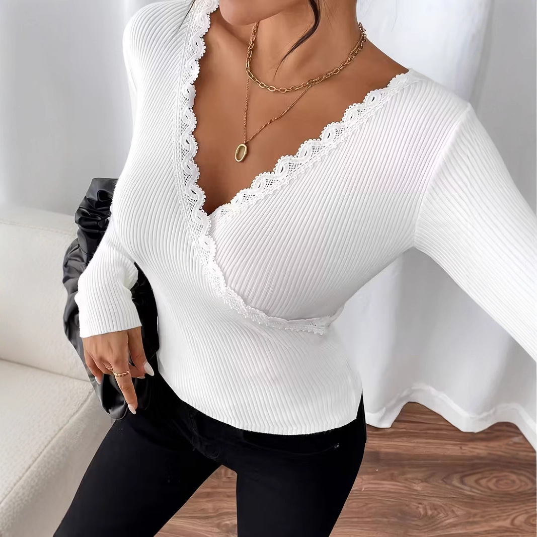 Women's V-Neck Lace Trim Long Sleeve Knit Top