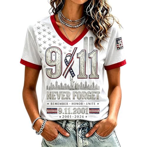 Twin Towers Anniversary Print V-Neck Short Sleeve Women's T-Shirt