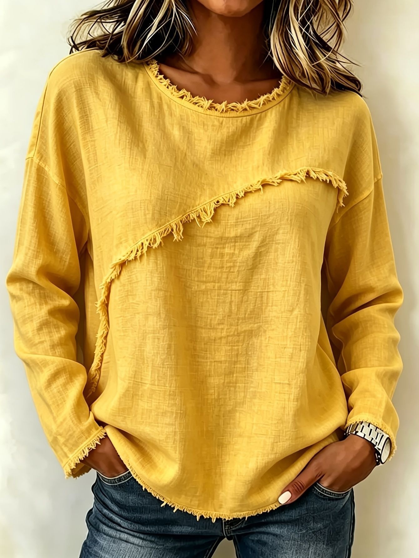 Women's Round Neck Faux Fur Trim Long Sleeve T-Shirt Solid Color Top