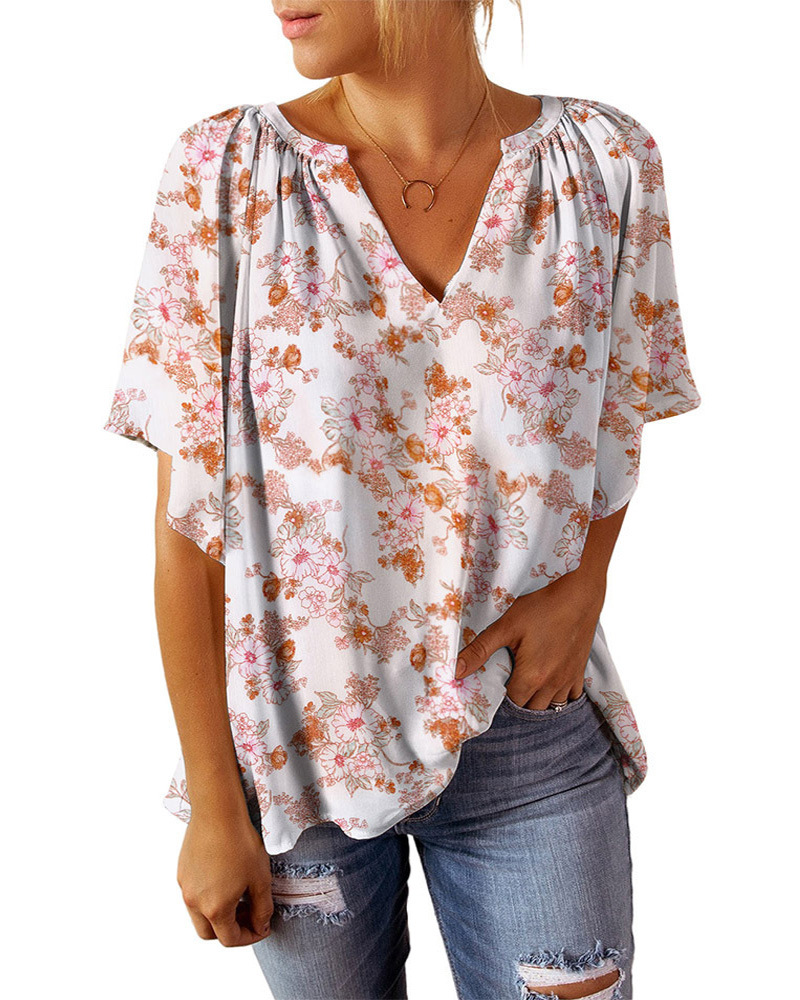 V-Neck Floral Print Short Sleeve Top