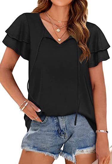 V-Neck Double-Layer Sleeve Tie-Front Casual Women's T-Shirt