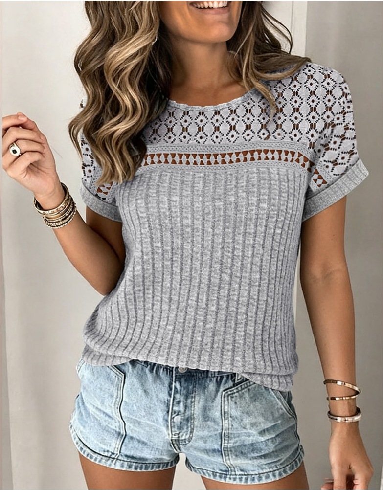 Women's Lace Hollow-Out Crew Neck Batwing Sleeve T-Shirt
