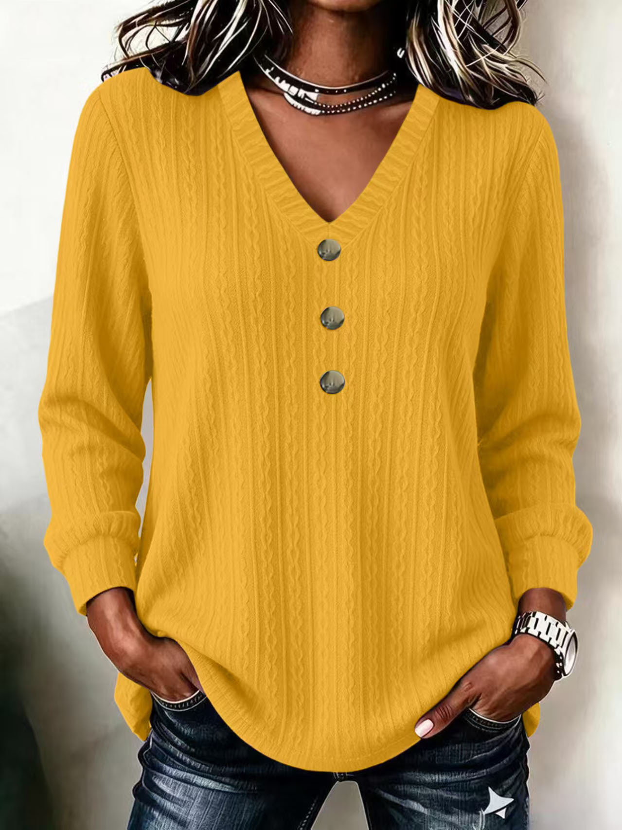 Cable Knit V-Neck Button Long Sleeve Sweater