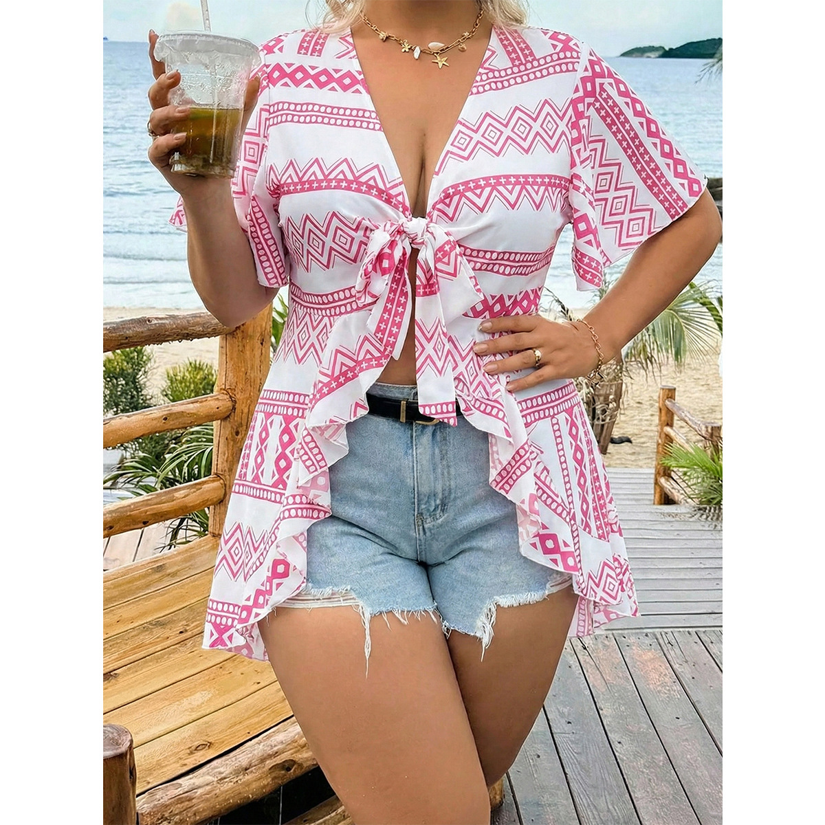 Women's Plus Size Boho V-Neck Tie Ruffle Print Top