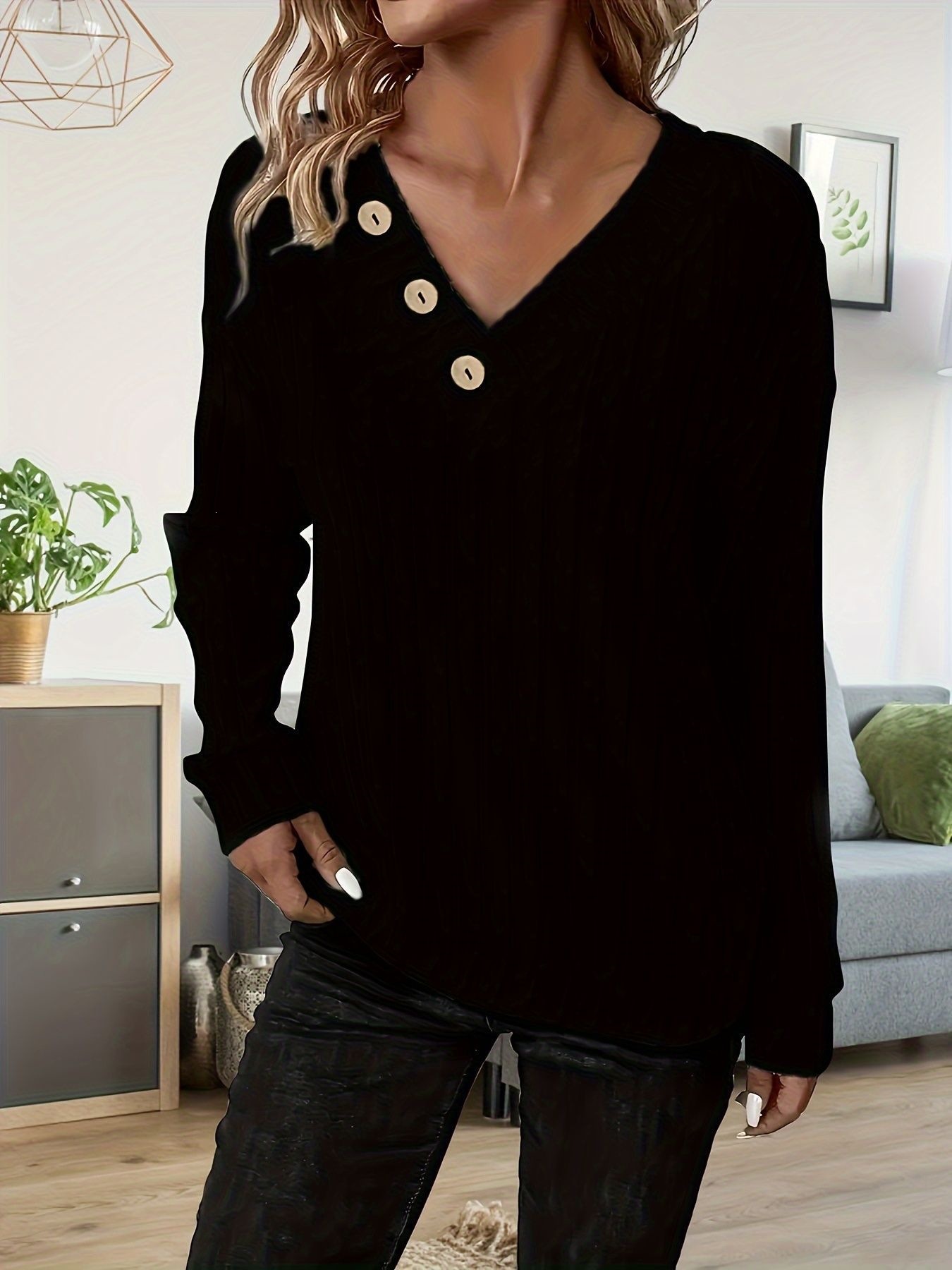 Women's V-Neck Long Sleeve Loose Fit Faux Button T-Shirt