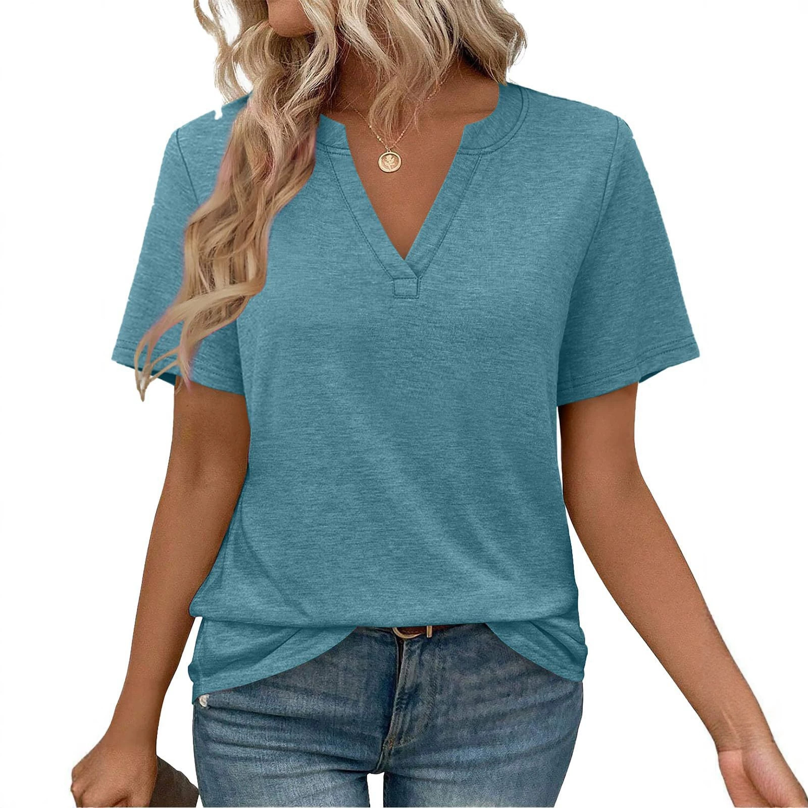 Women's Summer V-Neck Short Sleeve T-Shirt Solid Color Slimming Top