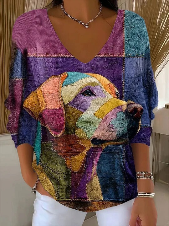 Cute Cartoon Puppy Print V-Neck Long-Sleeve Women's T-Shirt