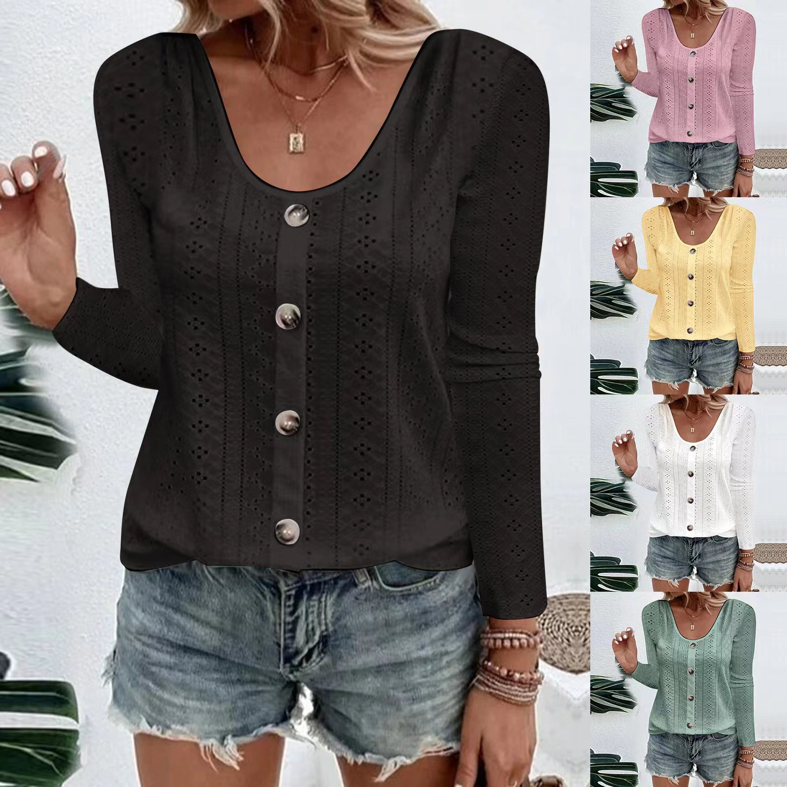 Women's Round Neck Loose Single-Breasted Long-Sleeve Top