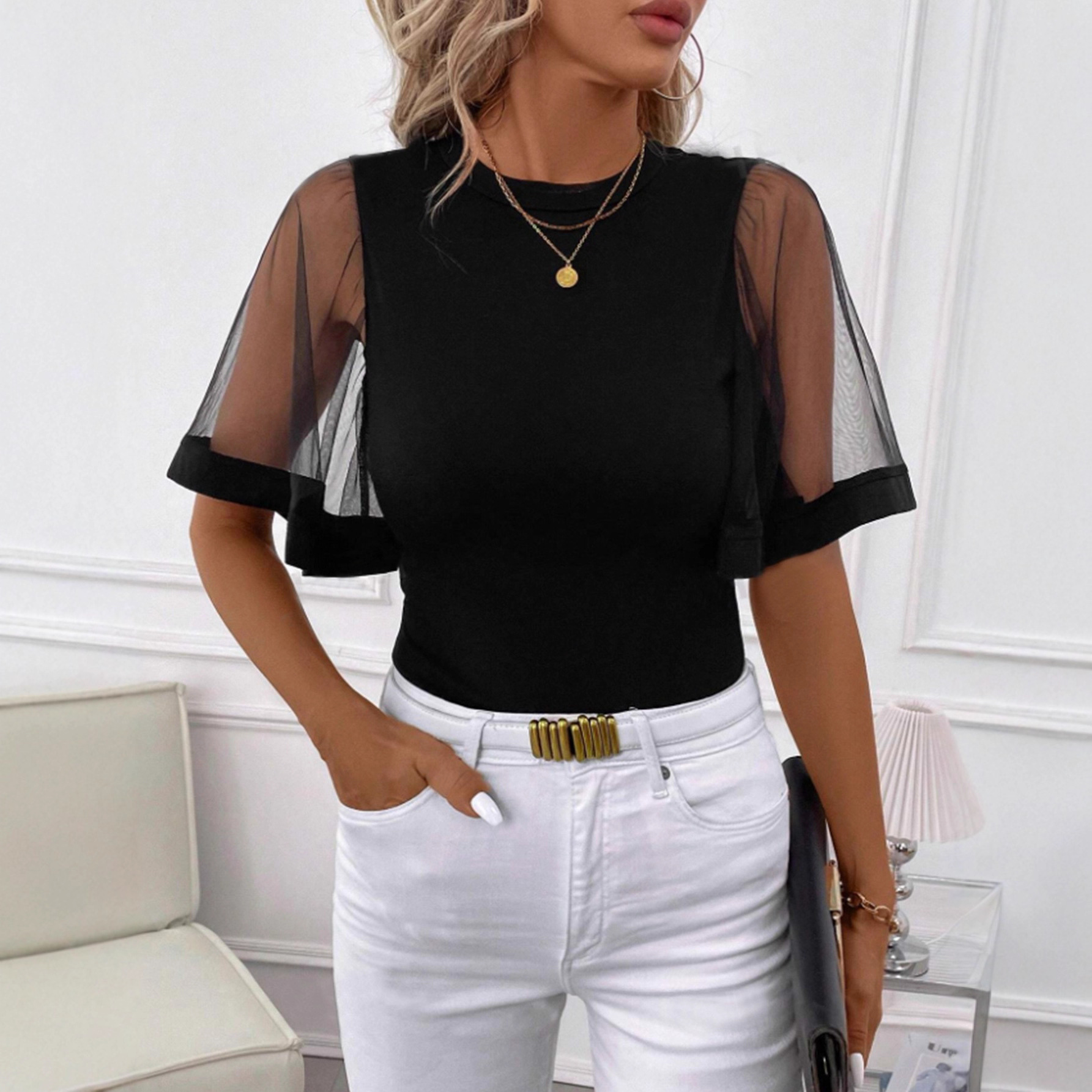Women's Sheer Mesh Bell Sleeve Round Neck Top Casual Summer Tee