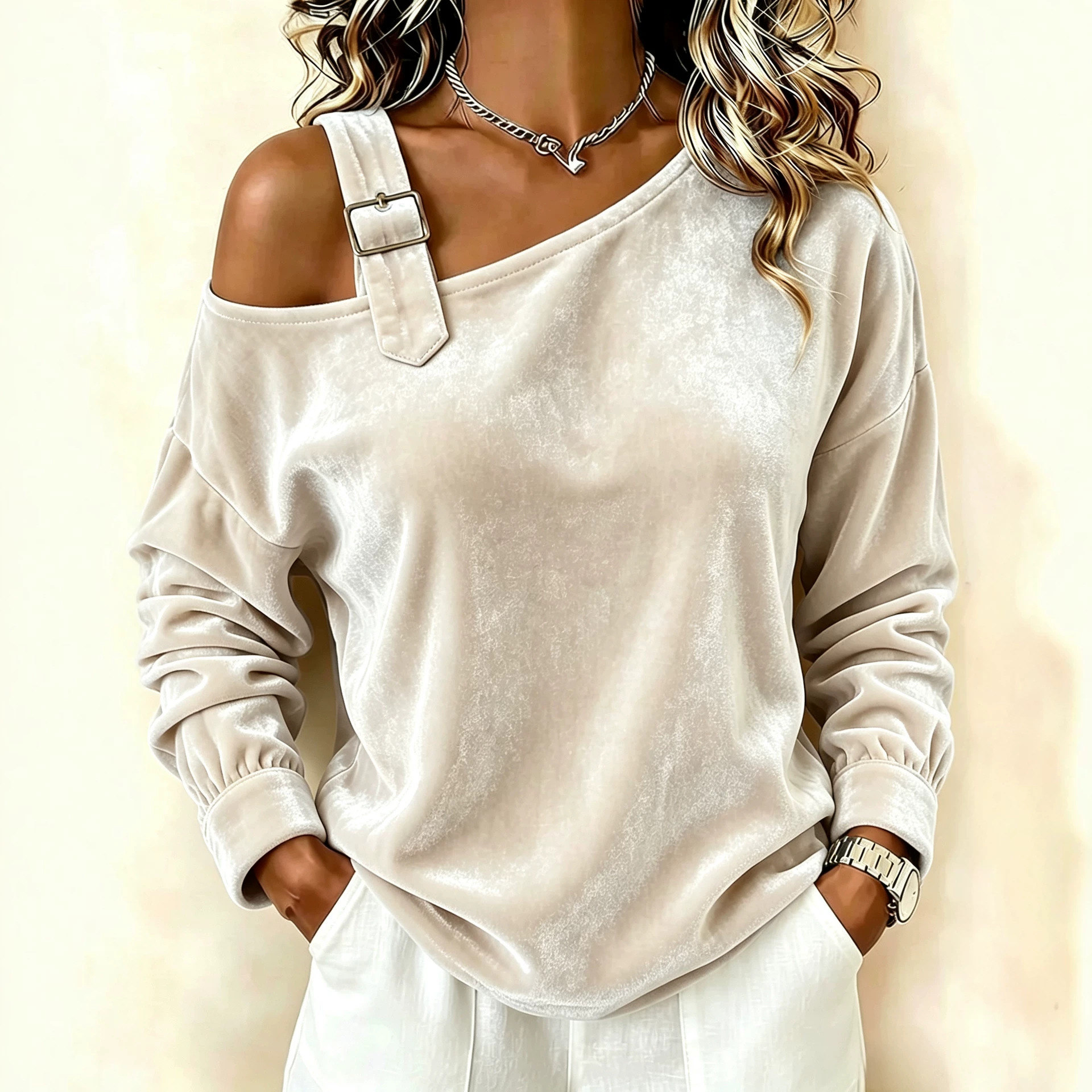 Off-Shoulder Loose Knit Long-Sleeve Top