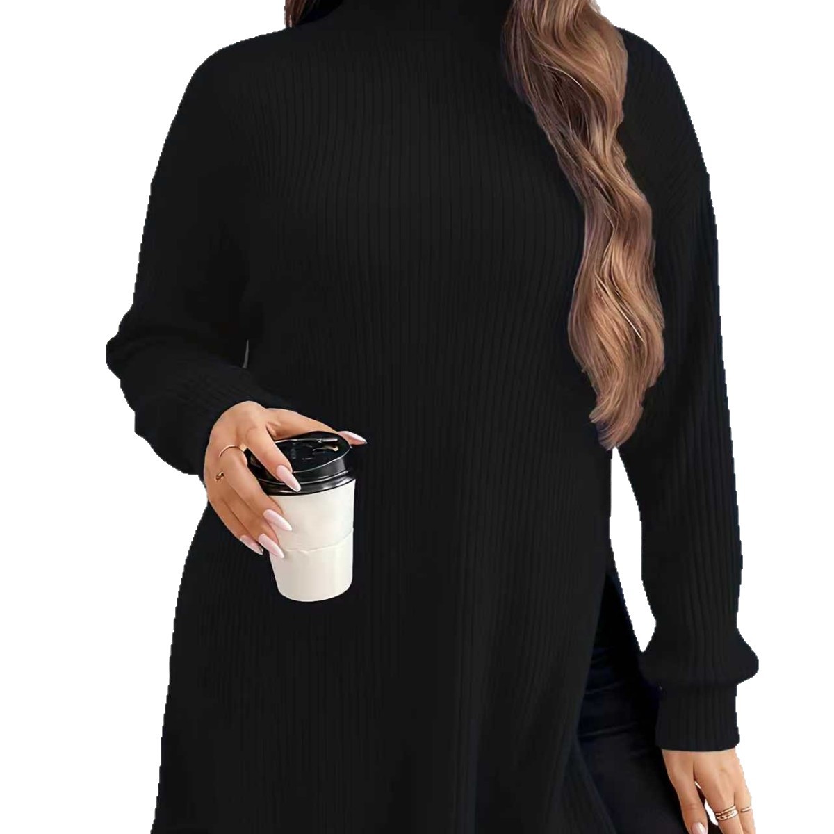 Irregular Split High Neck Plus Size Sweater Top