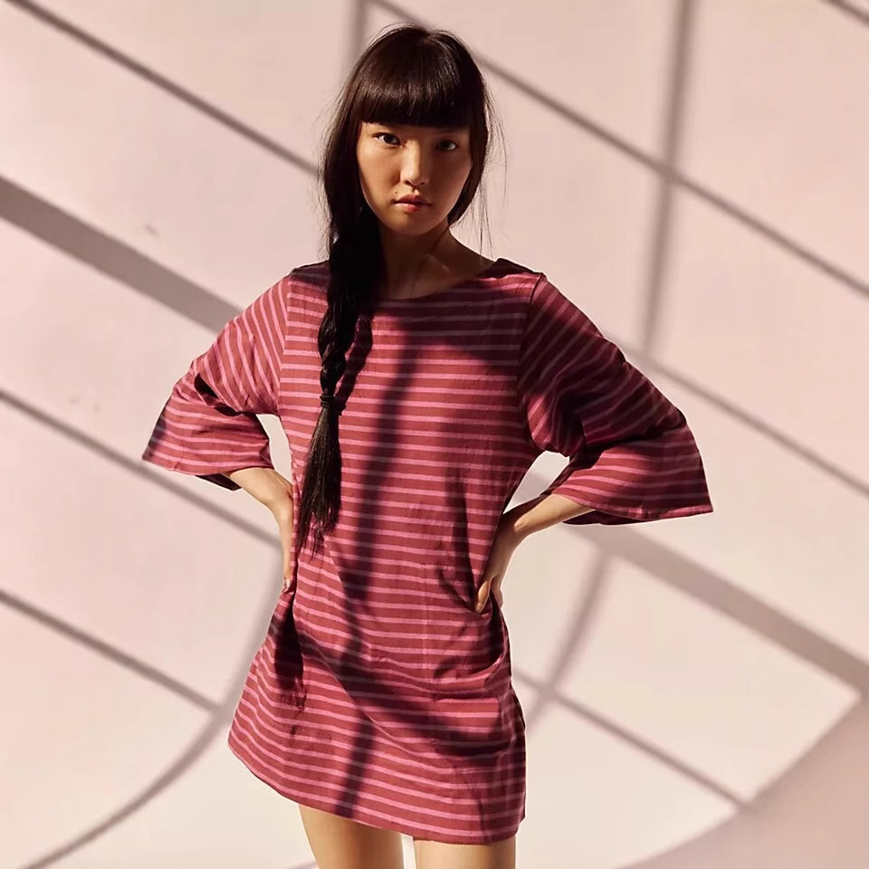 Colorblock Striped 3/4 Sleeve Round Neck Pullover Loose Long T-Shirt