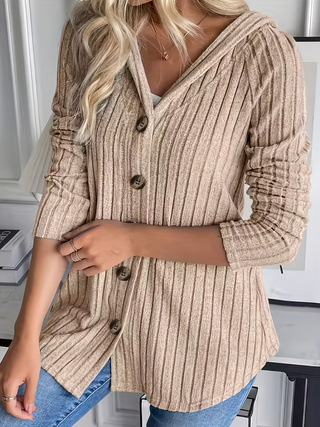 Button Waist Long Sleeve Hooded Top