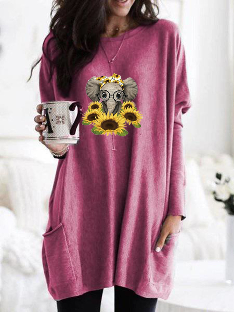 Women's Long Sleeve Loose Crewneck Elephant Print Pocket T-Shirt