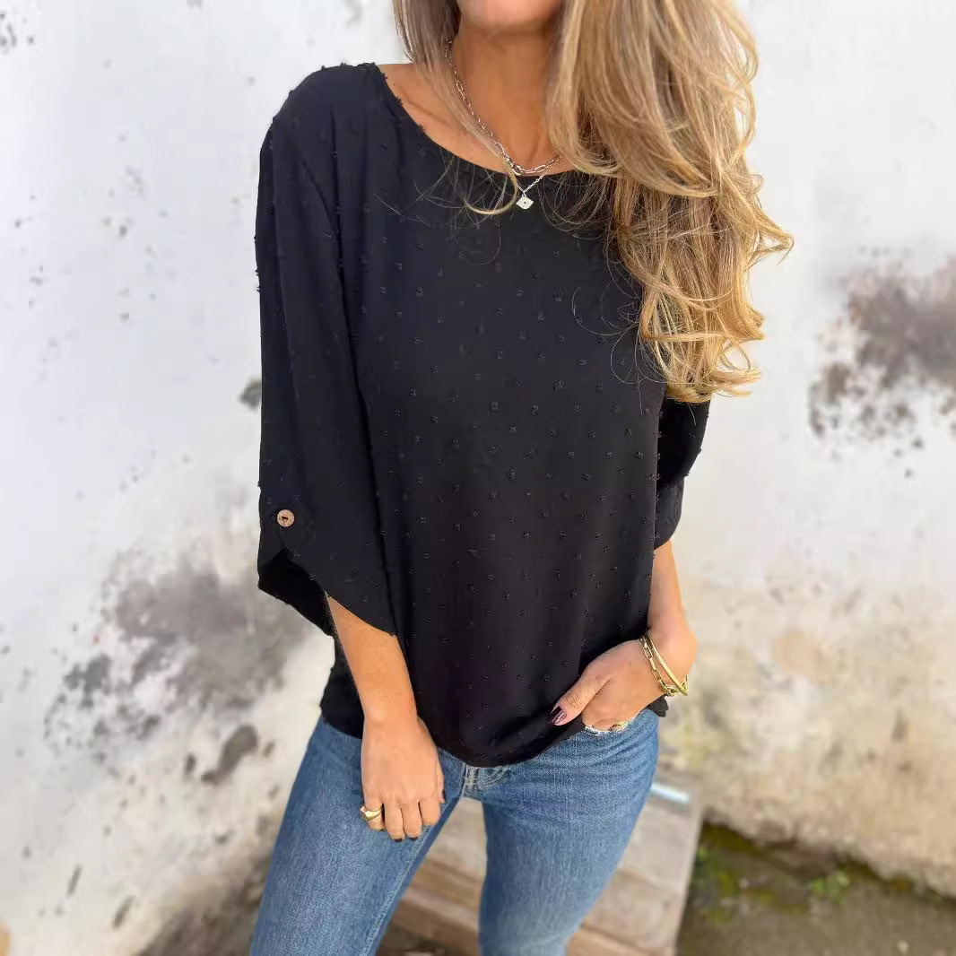 Women's Spring Autumn Round Neck Chiffon Jacquard Loose Fit Casual Top T-Shirt