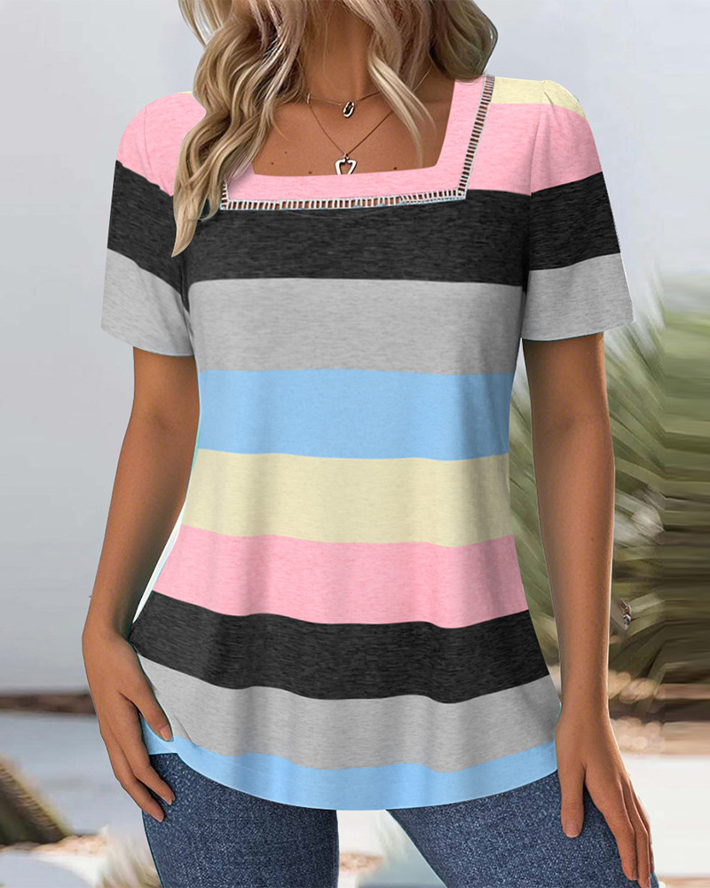 Women's Color-Block Striped Short-Sleeve Slim Fit T-Shirt