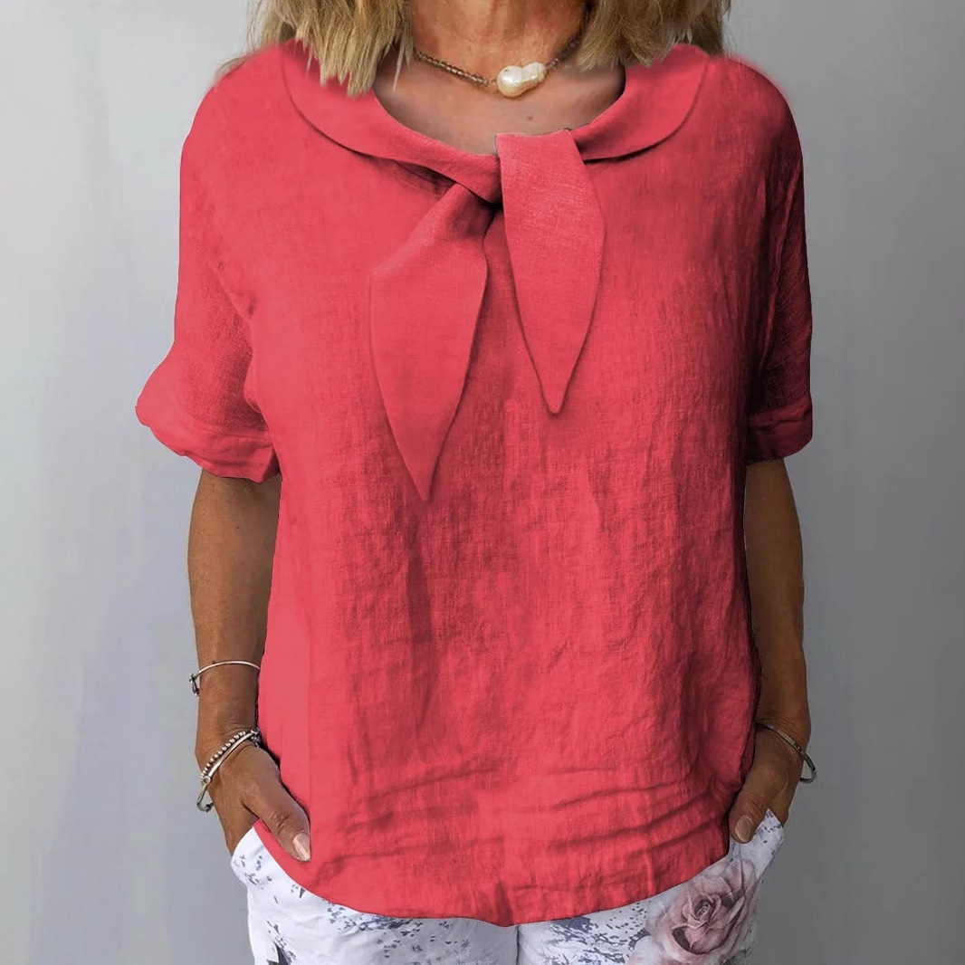 Women's Cotton-Linen Blend Short Sleeve V-Neck Solid Top
