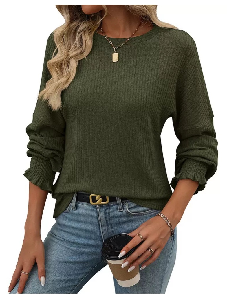 Women's Ribbed Knit Crewneck Long Sleeve Loose T-Shirt