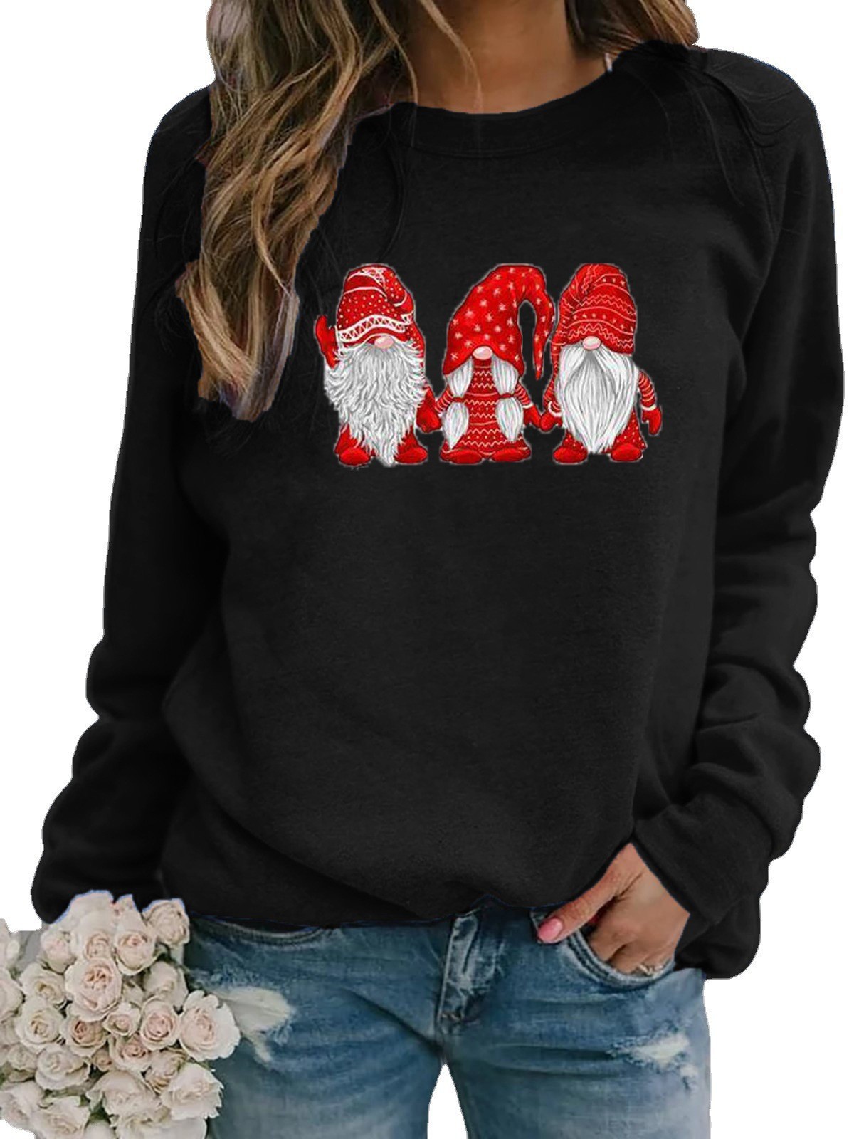 Women's Christmas Santa Print Long Sleeve Crewneck Loose T-Shirt