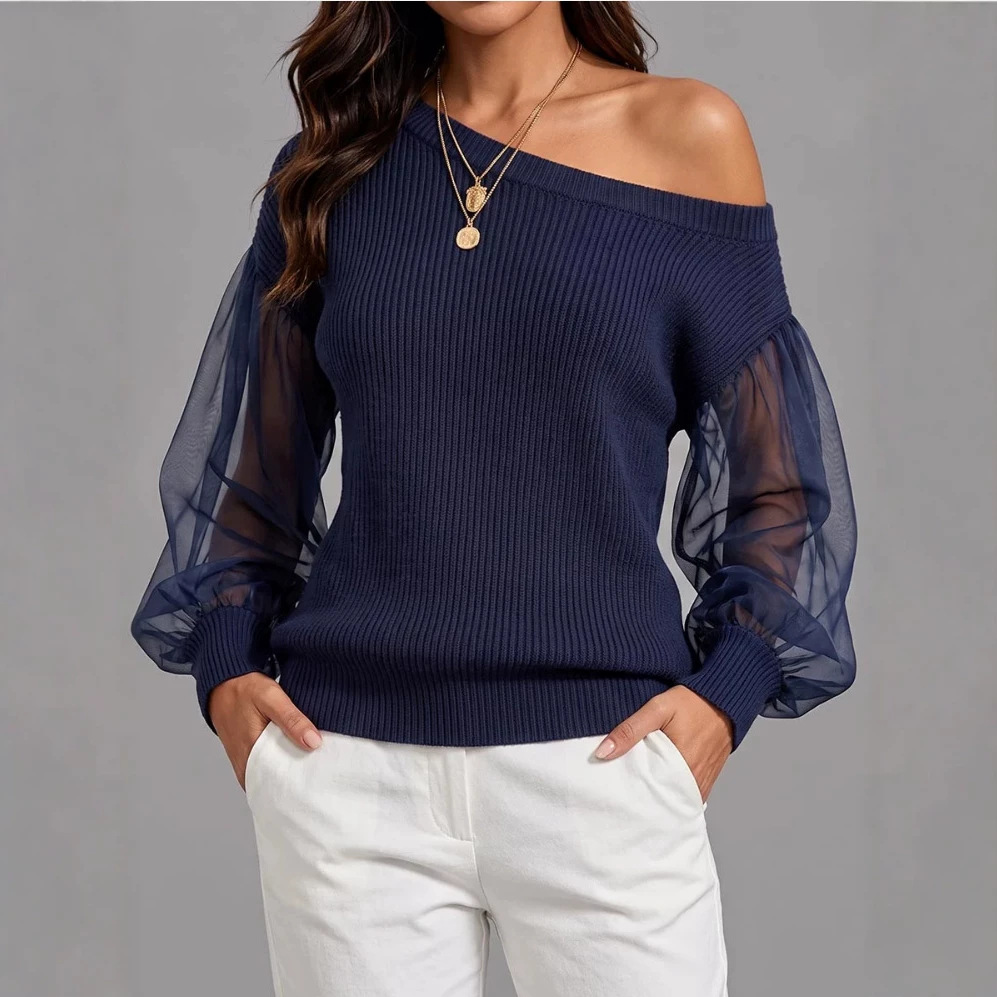 Women's Satin Knit Long-Sleeve Top Crew Neck Loose Fit