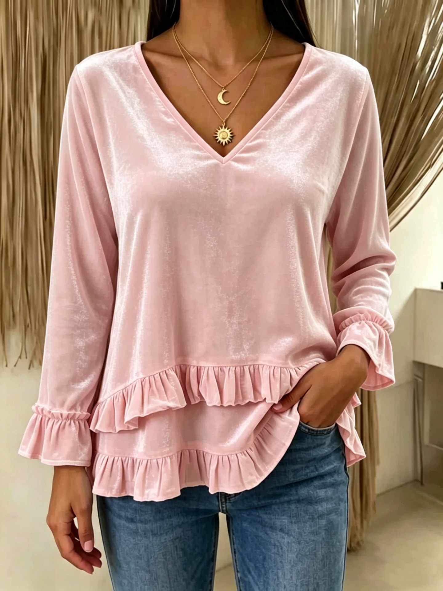 Women's V-Neck Ruffle Velvet Long-Sleeve Top