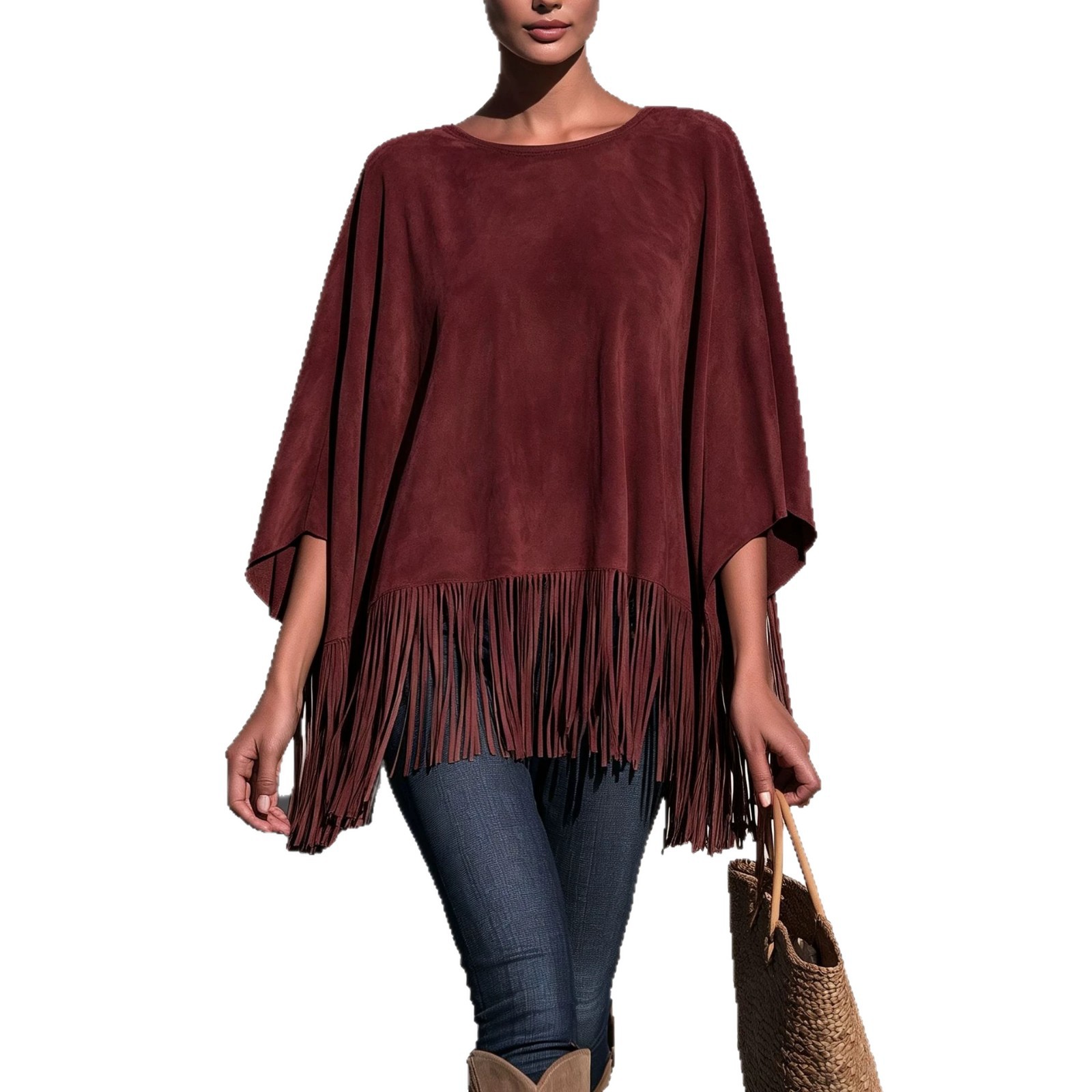 Women's Loose Crewneck Fringe T-Shirt Casual Solid Color