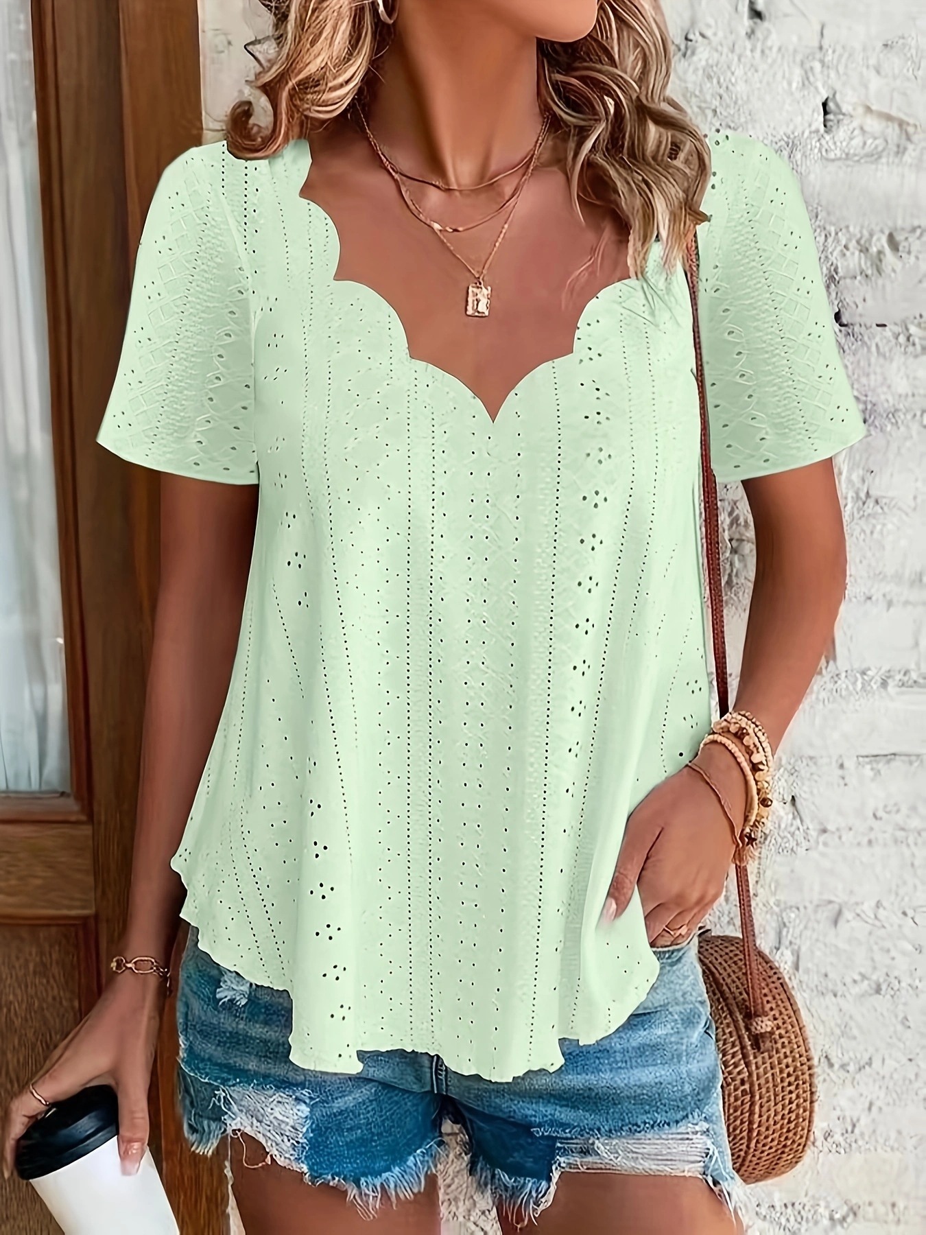 Women's Comfortable Breathable Jacquard Short-Sleeve V-Neck Top