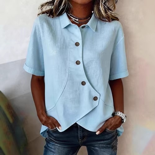 Women's Collared Button Short Sleeve T-Shirt with Irregular Hem