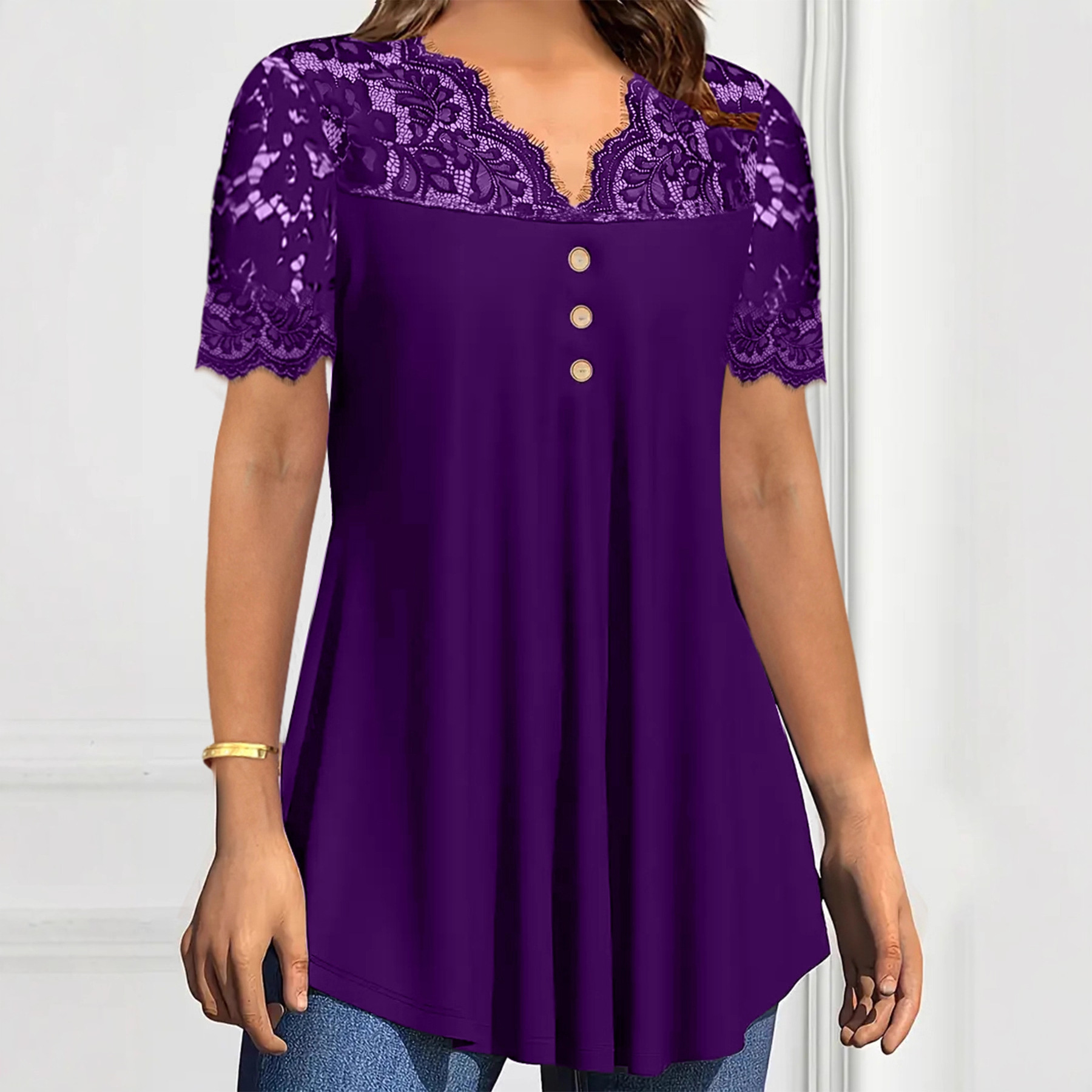 Women's Solid Lace Short Sleeve V-Neck Casual Blouse